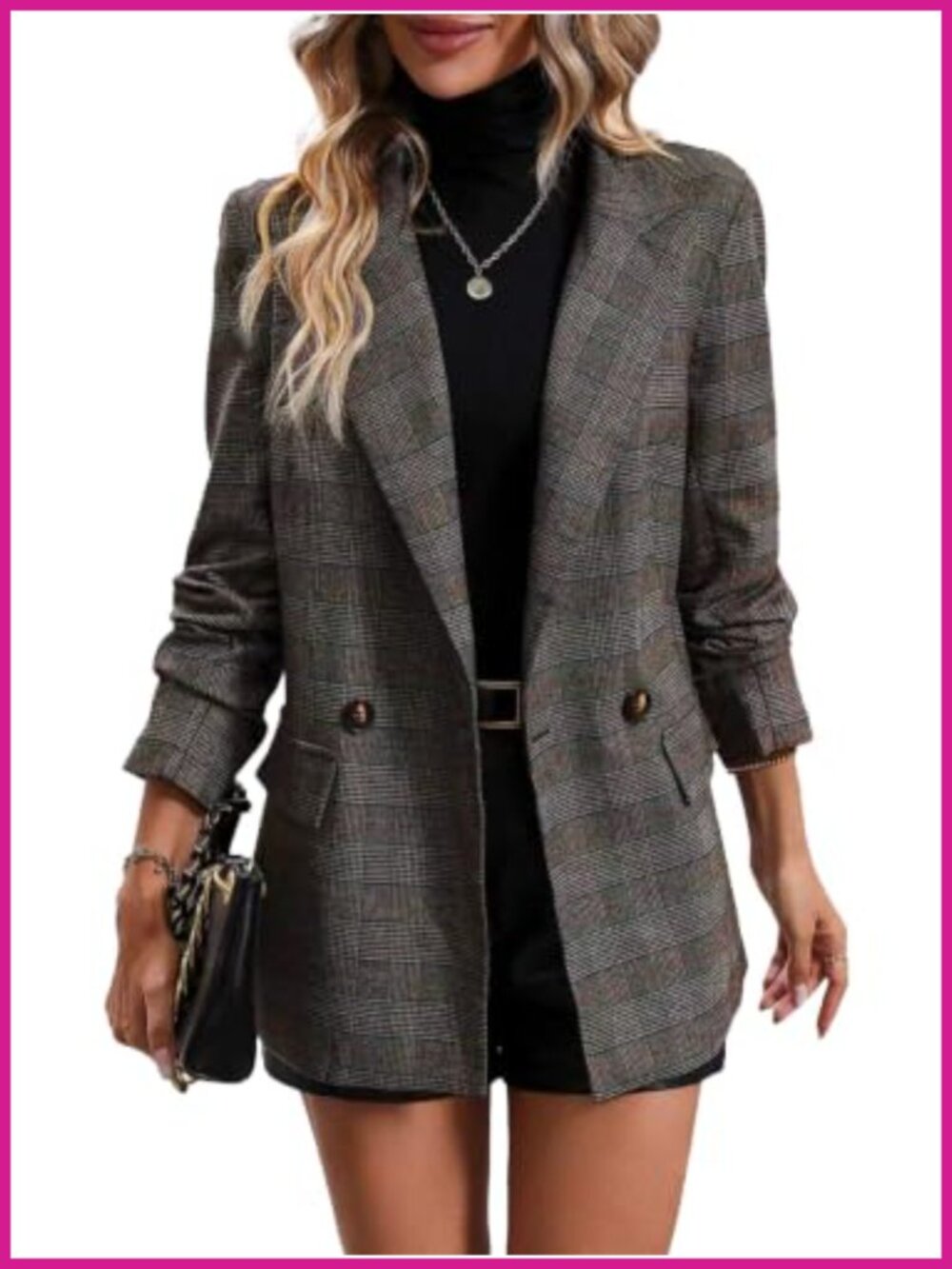Plaid Double Breasted Blazer Houndstooth Business Casual Jacket